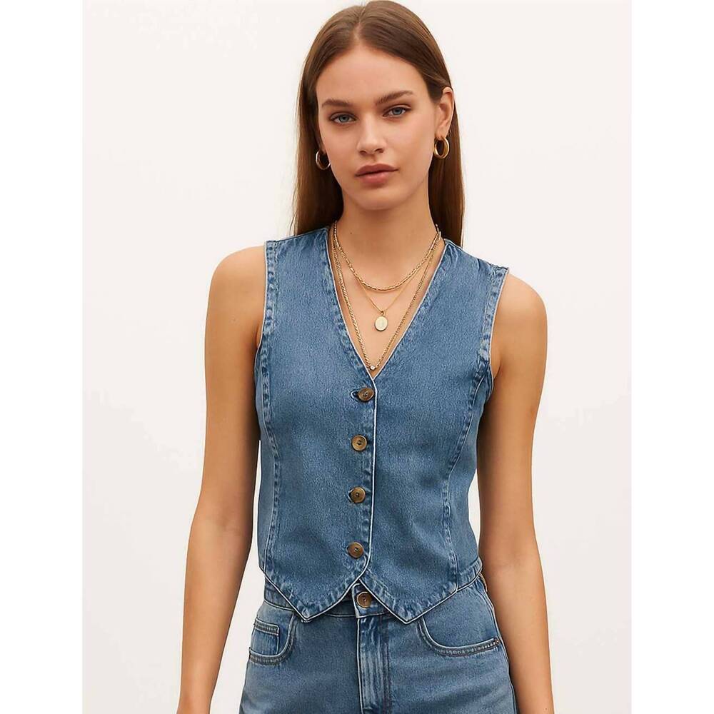 NEW SWEETKAMA denim solid v neck vest in blue